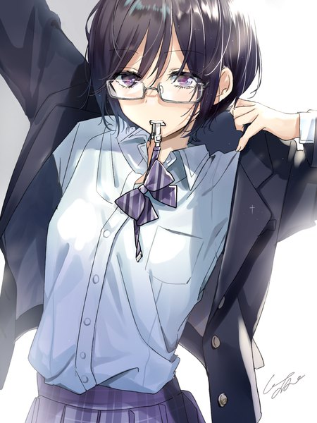 Anime picture 1200x1600 with original pomu (joynet) single tall image looking at viewer fringe short hair black hair simple background hair between eyes standing white background purple eyes holding signed mouth hold plaid skirt striped dressing girl