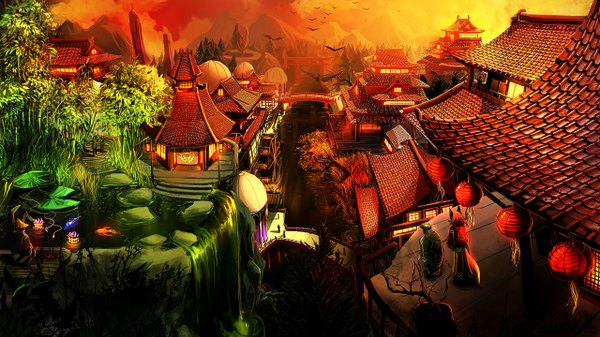 Anime picture 1280x720 with original airlight (artist) wide image animal ears city evening cityscape fantasy waterfall plant (plants) animal tree (trees) water bird (birds) bridge roof