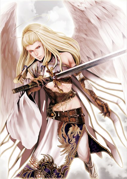 Anime picture 1075x1517 with asahimanyou single long hair tall image blonde hair sky aqua eyes angel wings angel girl gloves weapon detached sleeves sword wings belt armor halo
