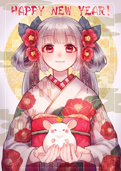 Anime picture 2894x4093 with original rubianeko single long hair tall image looking at viewer fringe highres red eyes twintails holding silver hair upper body blunt bangs traditional clothes japanese clothes hair flower floral print framed new year