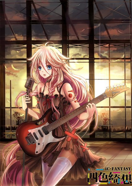 Anime picture 1654x2337 with vocaloid ia (vocaloid) jianren single tall image fringe standing bare shoulders holding pink hair sky cloud (clouds) braid (braids) very long hair aqua eyes tattoo alternate costume twin braids evening sunset