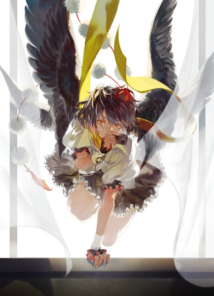 Anime picture 1000x1380 with touhou shameimaru aya coralstone single tall image looking at viewer short hair black hair red eyes full body girl dress wings scarf camera