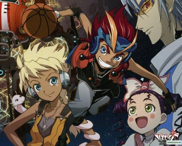 Anime picture 1280x1024 with basquash! satelight sela d miranda iceman hotty blonde hair red eyes green eyes blue hair purple hair red hair group basketball animal headphones sunglasses ground vehicle car flora skybloom dan jd