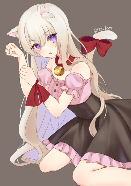 Anime picture 2000x2829 with original rea liser single long hair tall image looking at viewer highres simple background blonde hair sitting purple eyes signed animal ears tail animal tail cat ears grey background :o cat girl cat tail