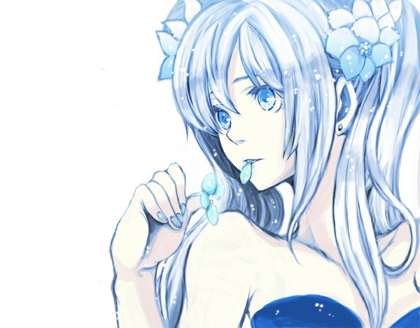 Anime picture 1000x783 with vocaloid hatsune miku koto2 single long hair blue eyes simple background white background twintails bare shoulders blue hair looking away nail polish hair flower girl hair ornament flower (flowers) earrings petals