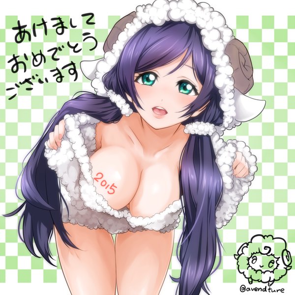 Anime picture 1000x1000 with love live! school idol project sunrise (studio) love live! toujou nozomi avendture single long hair blush breasts open mouth blue eyes light erotic large breasts cleavage purple hair new year checkered checkered background happy new year 2015