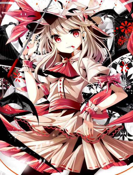 Anime picture 1529x2009 with touhou remilia scarlet fumiko (miruyuana) single long hair tall image looking at viewer red eyes nail polish grey hair pale skin bat wings vampire girl dress bow ribbon (ribbons) animal wings blood