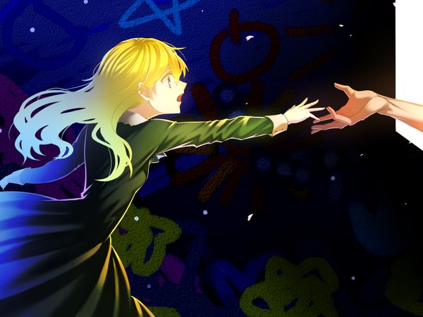 Anime picture 1600x1200 with ib (game) garry (ib) mary (ib) ktsis long hair open mouth blue eyes blonde hair profile inscription couple dark skin holding hands dark background spread arms graffiti girl dress petals window