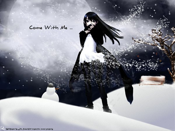 Anime picture 1024x768 with hakua ugetsu single long hair black hair brown eyes wind night wallpaper night sky snowing winter snow girl moon full moon snowman