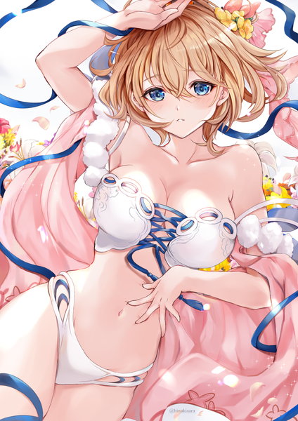 Anime picture 945x1337 with granblue fantasy europa (granblue fantasy) hinahino single tall image looking at viewer blush fringe short hair breasts blue eyes light erotic simple background blonde hair hair between eyes white background signed cleavage parted lips hair flower