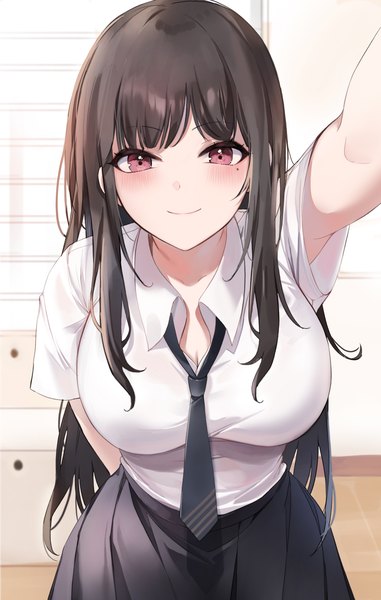 Anime picture 2225x3508 with original emyo single long hair tall image looking at viewer blush fringe highres breasts black hair smile red eyes large breasts standing payot cleavage indoors blunt bangs pleated skirt