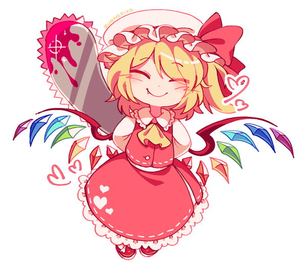 Anime-Bild 1600x1400 mit touhou flandre scarlet zuomerika single short hair blonde hair smile signed eyes closed fang (fangs) one side up hands behind back transparent background ^ ^ bloody weapon girl skirt hat wings blood