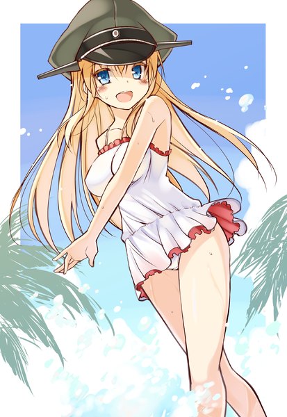Anime picture 1280x1856 with kantai collection bismarck battleship oota yuuichi single long hair tall image looking at viewer open mouth blue eyes light erotic blonde hair from below wet border girl swimsuit plant (plants) tree (trees) water one-piece swimsuit