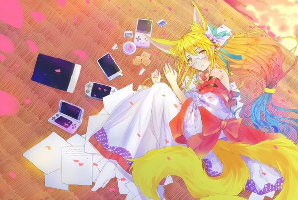 Anime picture 2500x1684 with no game no life madhouse miko (no game no life) tangjinhang single long hair looking at viewer blush highres blonde hair bare shoulders animal ears yellow eyes tail traditional clothes japanese clothes animal tail turning head on side girl