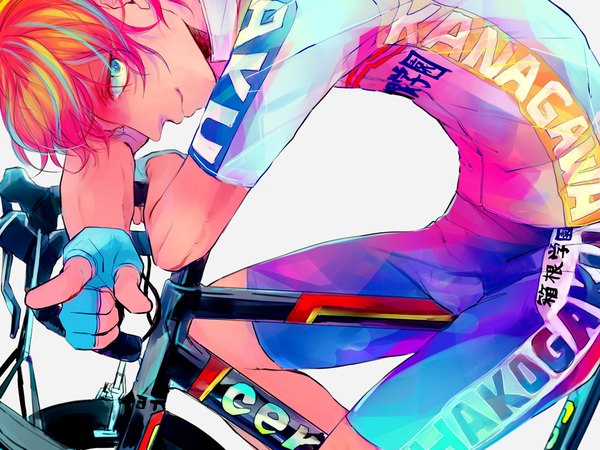 Anime picture 1133x850 with yowamushi pedal shinkai hayato shimamu single looking at viewer short hair blue eyes simple background smile profile orange hair grey background pointing boy gloves uniform fingerless gloves gym uniform ground vehicle bicycle