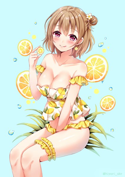 Anime picture 773x1090 with original sakura hiyori single tall image looking at viewer blush fringe short hair breasts light erotic simple background brown hair large breasts sitting bare shoulders holding cleavage pink eyes wet hair bun (hair buns)