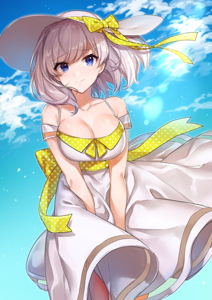 Anime picture 600x849 with original shirako miso single tall image looking at viewer fringe short hair breasts blue eyes smile large breasts bare shoulders sky cleavage silver hair cloud (clouds) wind sunlight lens flare shaded face