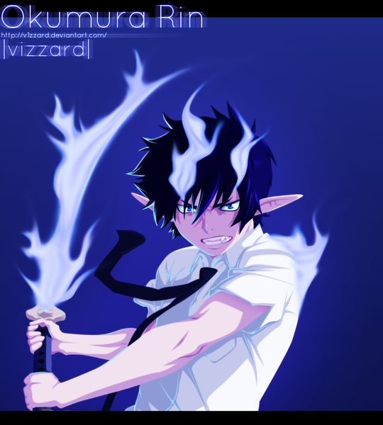 Anime picture 900x1000 with ao no exorcist a-1 pictures okumura rin blazing-wizard single tall image short hair blue eyes simple background blue hair pointy ears inscription grin coloring magic blue background muscle angry boy weapon