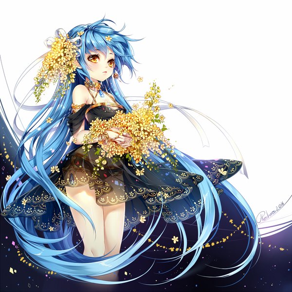 Anime picture 1024x1024 with original hieihirai single blush fringe light erotic standing white background bare shoulders signed yellow eyes blue hair looking away ahoge very long hair hair flower lips off shoulder sparkle lipstick
