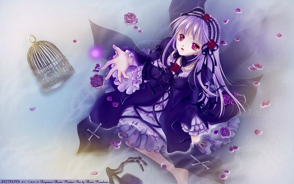 Anime picture 1920x1200 with rozen maiden suigintou long hair highres red eyes wide image silver hair outstretched arm lolita fashion girl flower (flowers) petals rose (roses) bonnet cage purple rose