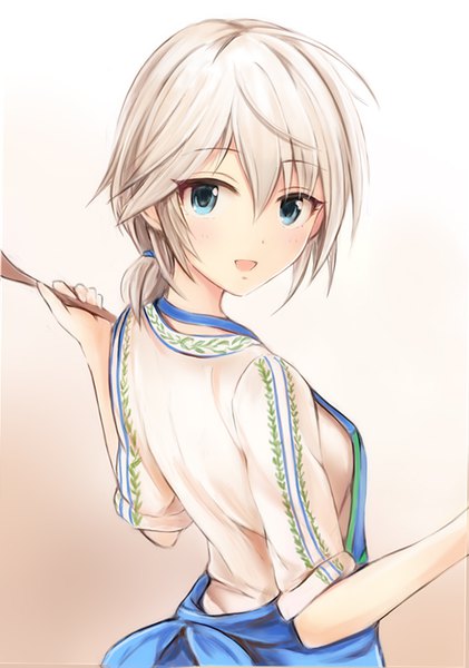 Anime picture 702x1000 with idolmaster idolmaster cinderella girls anastasia (idolmaster) nannacy7 single tall image looking at viewer blush fringe short hair open mouth blue eyes simple background hair between eyes white hair looking back gradient background low ponytail girl apron