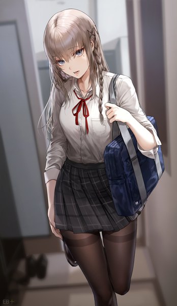 Anime picture 1000x1724 with original kim eb single long hair tall image looking at viewer fringe breasts open mouth hair between eyes brown hair standing signed payot bent knee (knees) indoors braid (braids) head tilt pleated skirt blurry