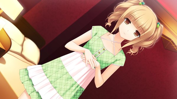Anime picture 1280x720 with saimin enbu misato minori sayori single looking at viewer short hair blonde hair wide image twintails brown eyes game cg dutch angle short twintails girl dress bed