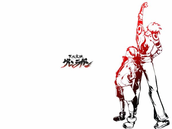 Anime picture 1024x768 with tengen toppa gurren lagann gainax simon kamina highres short hair simple background white background inscription arms up monochrome boy shorts