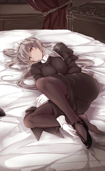 Anime picture 1289x2100 with original touma raito single long hair tall image looking at viewer breasts light erotic red eyes brown hair bent knee (knees) indoors lying long sleeves maid dark skin girl gloves uniform pantyhose