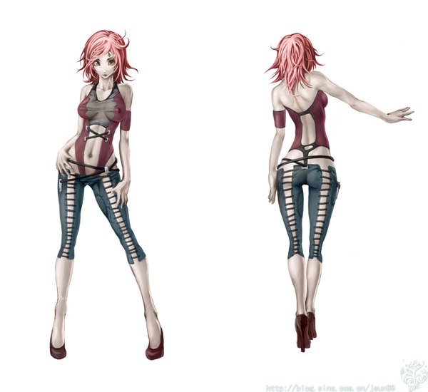 Anime picture 3938x3614 with youtsuu single looking at viewer highres short hair breasts light erotic simple background standing white background bare shoulders brown eyes pink hair absurdres hand on hip outstretched arm facial mark girl navel shoes