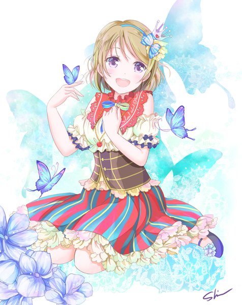 Anime picture 999x1258 with love live! school idol project love live! school idol festival sunrise (studio) love live! koizumi hanayo shino (shinderera) single tall image blush short hair open mouth brown hair sitting purple eyes signed looking away full body :d wariza butterfly on hand