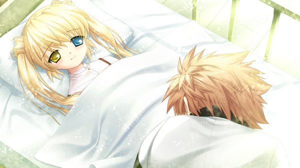 Anime picture 1280x720 with rewrite nakatsu shizuru long hair blonde hair wide image twintails game cg heterochromia sleeping girl