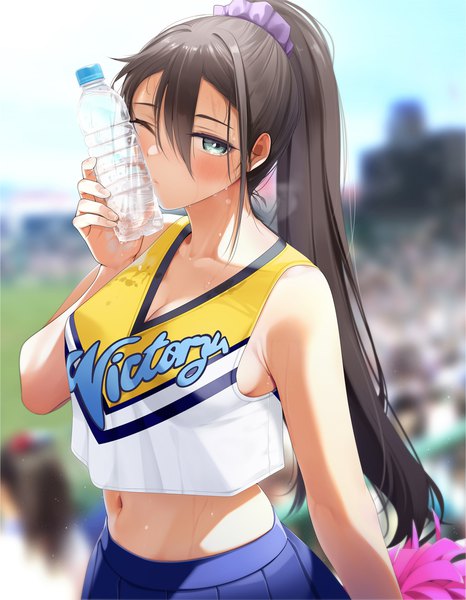 Anime picture 931x1200 with original giba (out-low) long hair tall image looking at viewer blush fringe breasts blue eyes light erotic black hair hair between eyes holding cleavage upper body outdoors ponytail one eye closed wink blurry