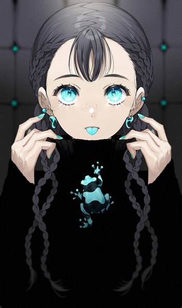 Anime picture 663x1120 with original sogawa single long hair tall image looking at viewer fringe open mouth black hair simple background upper body braid (braids) long sleeves nail polish aqua eyes fingernails blurry arms up piercing sleeves past wrists