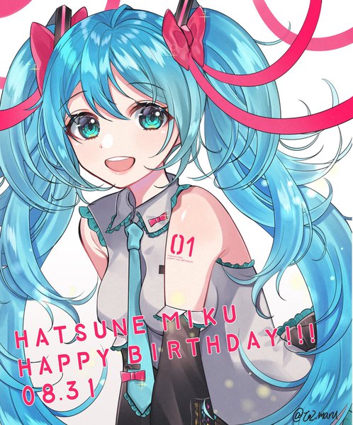 Anime picture 1700x2048 with vocaloid hatsune miku totomachokori single tall image fringe open mouth hair between eyes twintails signed very long hair :d aqua eyes aqua hair sparkle twitter username dated happy birthday girl bow