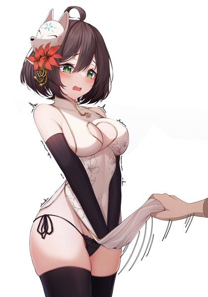 Anime picture 2910x4156 with original zangi (lkt2012) tall image blush fringe highres short hair breasts open mouth light erotic simple background hair between eyes brown hair large breasts standing white background bare shoulders green eyes looking away cleavage