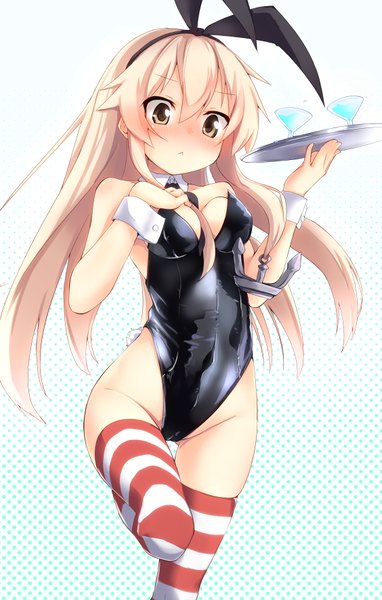 Anime picture 564x885 with kantai collection shimakaze destroyer mokoke single long hair tall image blush light erotic blonde hair brown eyes bent knee (knees) tail animal tail bunny girl bunny tail girl thighhighs hairband wrist cuffs bodysuit