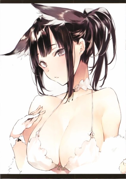 Anime-Bild 4290x6075 mit original shunsei (muratou) single long hair tall image blush fringe highres breasts light erotic black hair simple background large breasts white background bare shoulders animal ears payot absurdres cleavage upper body