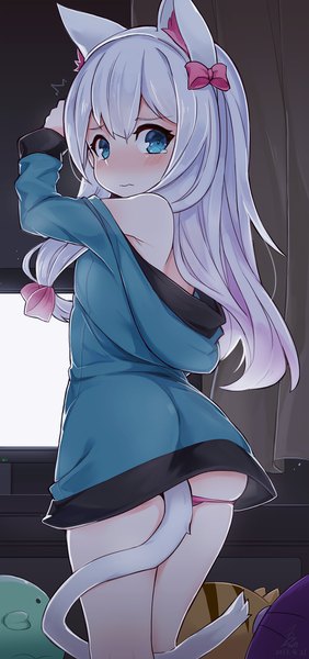 Anime picture 940x2000 with eromanga sensei a-1 pictures izumi sagiri mou tama maru single long hair tall image looking at viewer blush fringe blue eyes light erotic standing animal ears silver hair ass tail animal tail looking back cat ears