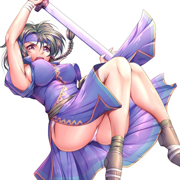Anime picture 1199x1199 with fire emblem fire emblem: the blazing blade nintendo guy (fire emblem) harihisa single long hair breasts open mouth light erotic simple background white background purple eyes green hair armpit (armpits) chinese clothes genderswap girl underwear panties