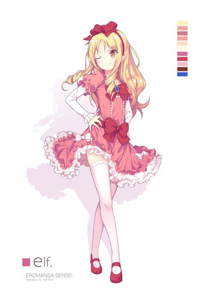 Anime picture 2893x4091 with eromanga sensei a-1 pictures yamada elf hzyang single long hair tall image looking at viewer highres simple background blonde hair smile standing white background brown eyes signed full body long sleeves one eye closed pointy ears