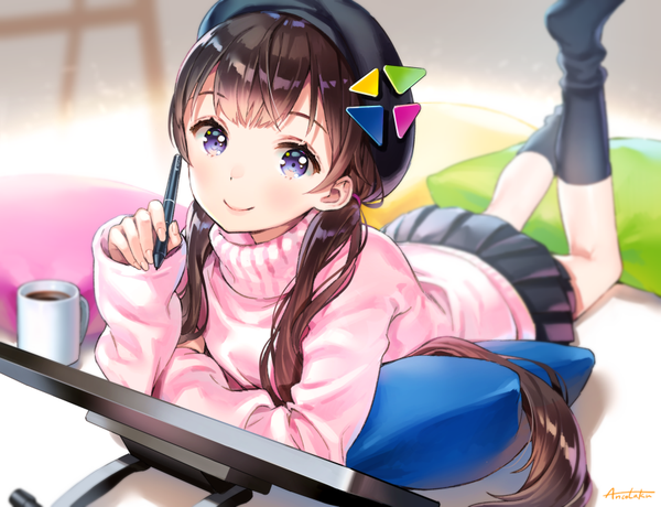 Anime picture 900x691 with original ancotaku single long hair looking at viewer blush fringe blue eyes smile brown hair twintails holding signed bent knee (knees) long sleeves pleated skirt depth of field no shoes sleeves past wrists girl