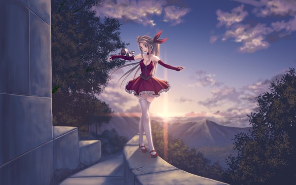 Anime picture 1920x1200 with original mikamin long hair highres blue eyes brown hair wide image sky cloud (clouds) ponytail evening sunset girl thighhighs dress plant (plants) animal white thighhighs tree (trees) squirrel