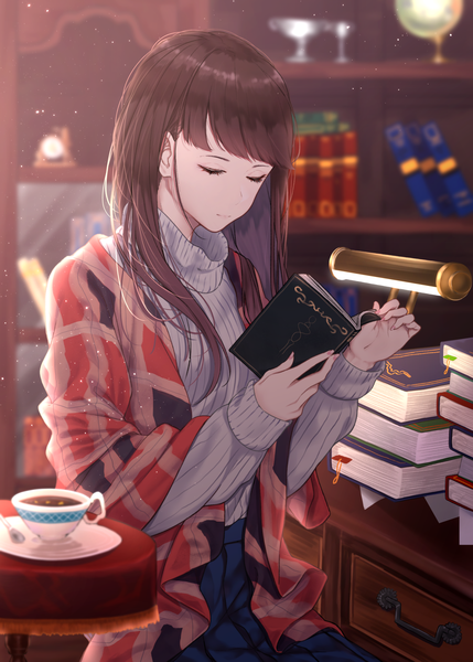 Anime picture 1554x2174 with original saitou (lynx-shrike) single long hair tall image fringe brown hair sitting holding indoors blunt bangs eyes closed nail polish fingernails depth of field girl book (books) sweater cup lamp