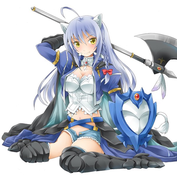 Anime picture 1207x1200 with dog days leonmitchelli galette des rois michii yuuki long hair simple background white background animal ears yellow eyes blue hair braid (braids) girl weapon armor shield axe
