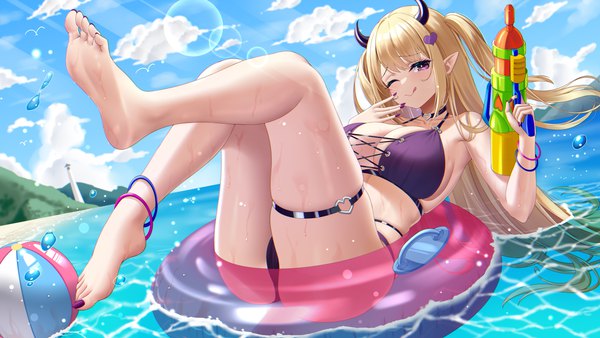 Anime picture 4535x2551 with original chitu hefeng zhong single long hair looking at viewer fringe highres breasts light erotic blonde hair smile wide image large breasts purple eyes holding payot absurdres sky cleavage cloud (clouds)