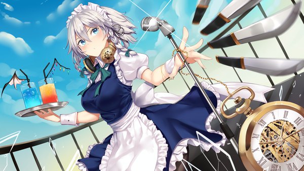 Anime picture 3840x2160 with touhou izayoi sakuya i.f.s.f single blush fringe highres short hair breasts blue eyes hair between eyes wide image large breasts standing holding looking away absurdres sky silver hair cloud (clouds)