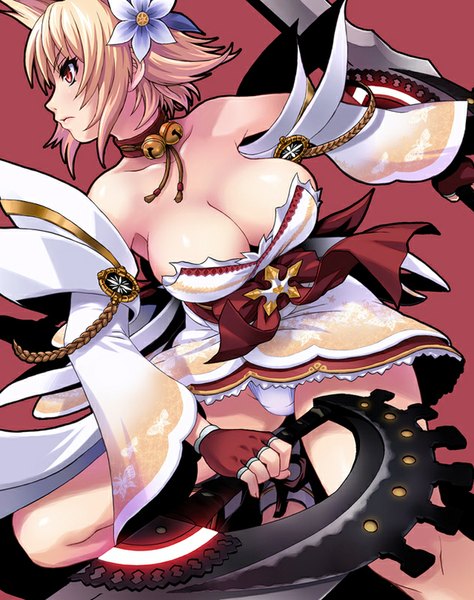 Anime picture 632x800 with phantasy star phantasy star portable 2 sega funamushi (funa) single tall image short hair breasts light erotic simple background blonde hair red eyes large breasts bare shoulders holding looking away cleavage traditional clothes japanese clothes profile