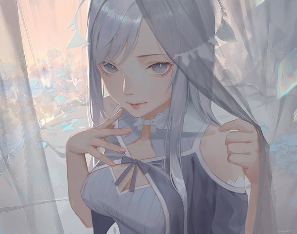 Anime picture 1024x807 with sword art online sword art online: alicization a-1 pictures quinella echosdoodle single long hair looking at viewer fringe breasts smile bare shoulders silver hair upper body from above silver eyes girl hair ornament curtains tulle