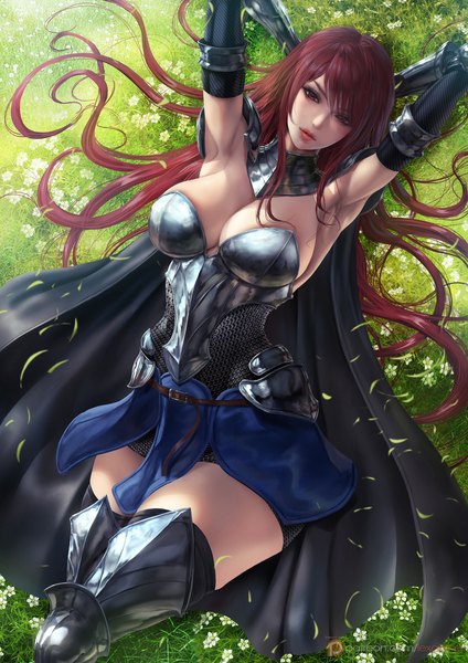 Anime picture 2400x3395 with fairy tail erza scarlet lexaiduer single long hair tall image looking at viewer blush fringe highres breasts light erotic hair between eyes red eyes large breasts signed cleavage outdoors red hair lying